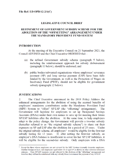 Legislative Council Brief - Refinement of Government subsidy scheme for the abolition of the “offsetting” arrangement under the Mandatory Provident Fund System