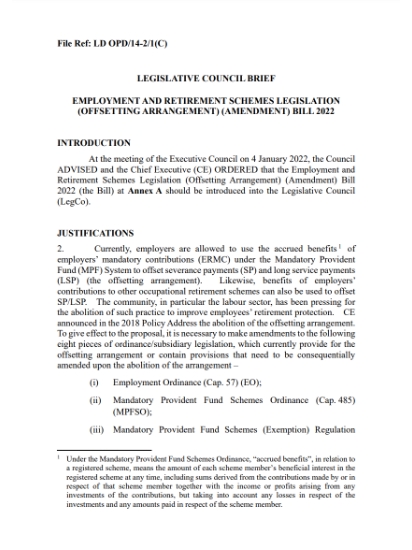 Legislative Council Brief – Employment and Retirement Schemes Legislation (Offsetting Arrangement) (Amendment) Bill 2022